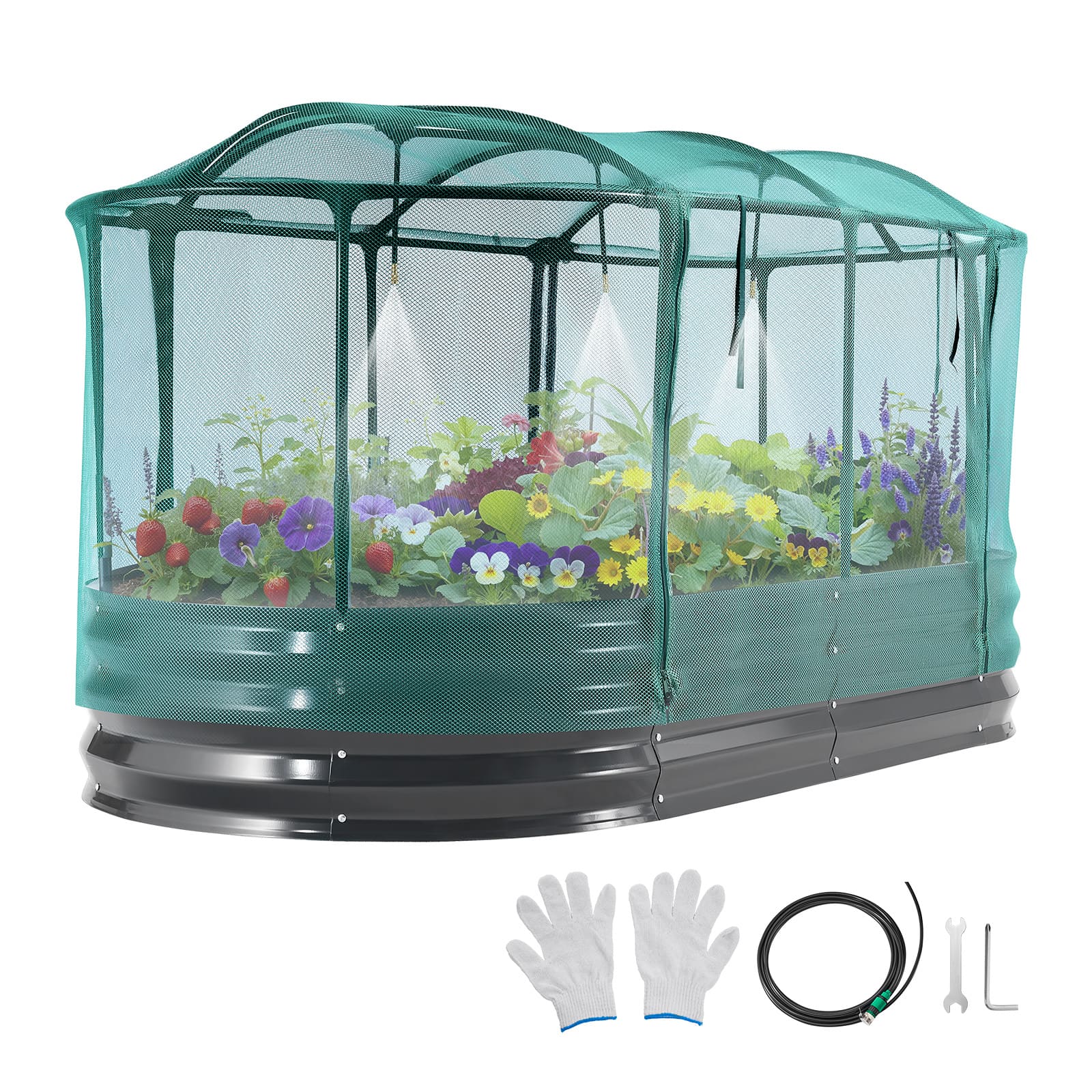 VEVOR - Galvanized Raised Garden Bed, 6 x 3 x 1 ft, with Self Watering System and Mesh Cover, Oval Metal Planter Box Kit Outdoor - Dark Gray