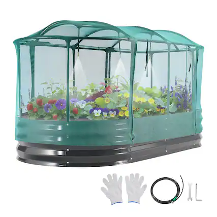Front. VEVOR - Galvanized Raised Garden Bed, 6 x 3 x 1 ft, with Self Watering System and Mesh Cover, Oval Metal Planter Box Kit Outdoor - Dark Gray.