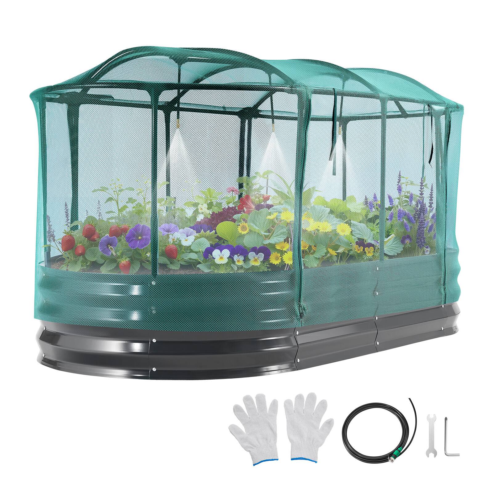 Front. VEVOR - Galvanized Raised Garden Bed, 6 x 3 x 1 ft, with Self Watering System and Mesh Cover, Oval Metal Planter Box Kit Outdoor - Dark Gray.