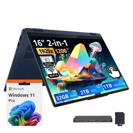16" 2-in-1 1920x 1200 A Backlit Keyboard Microsoft Windows 11 Pro WiFi6 1TB Docking 2TB SSD 32GB RAM