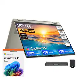 Lenovo - Upgraded - Yoga 2-in-1 16" Touch Laptop,Ryzen AI 5 430,16GB RAM,1TB SSD+1TB Dock Set,Backlit,Fingerprint,Win11Pro - Seashell