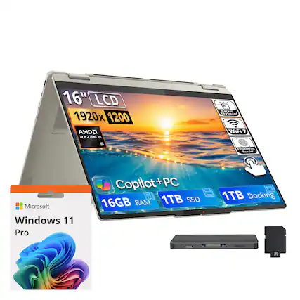 16" LCD 1920x1200 - AMD Ryzen 5 AI Backlit Keyboard WiFi7 Fingerprint Reader Microsoft Windows 11 Pro Copilot+PC | 16GB RAM 1TB SSD 1TB Docking