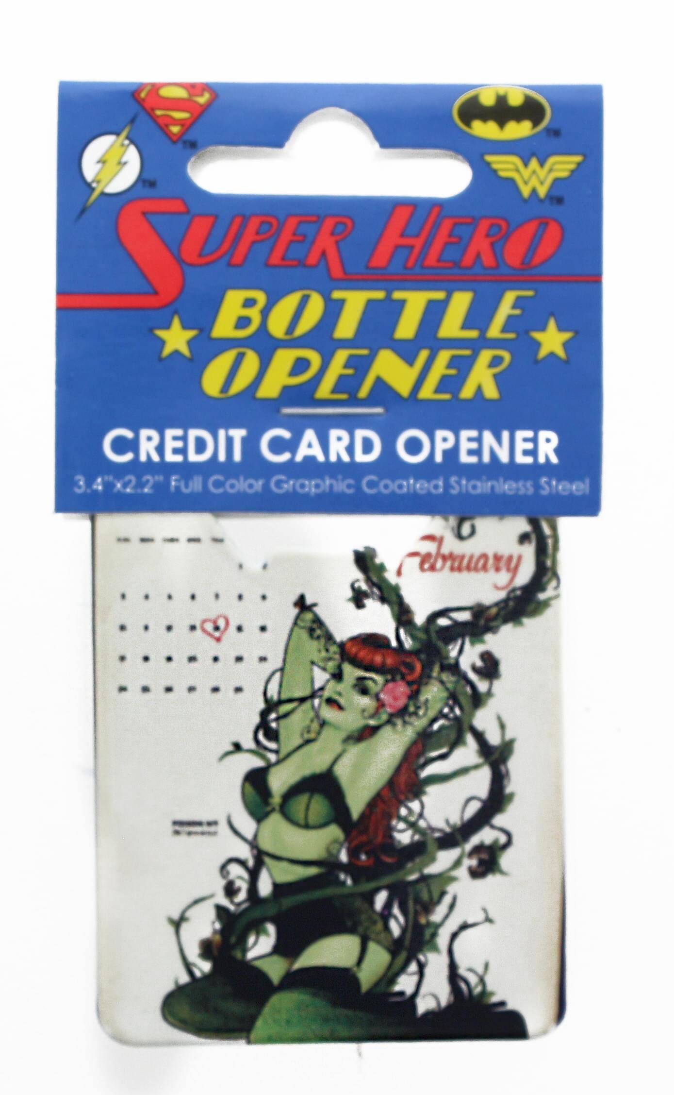Sure, here is the corrected and grouped text from the image:

---

**Super Hero Bottle Opener**

**Credit Card Opener**

3.4" x 2.2" Full Color Graphic Coated Stainless Steel

---

**February**

---