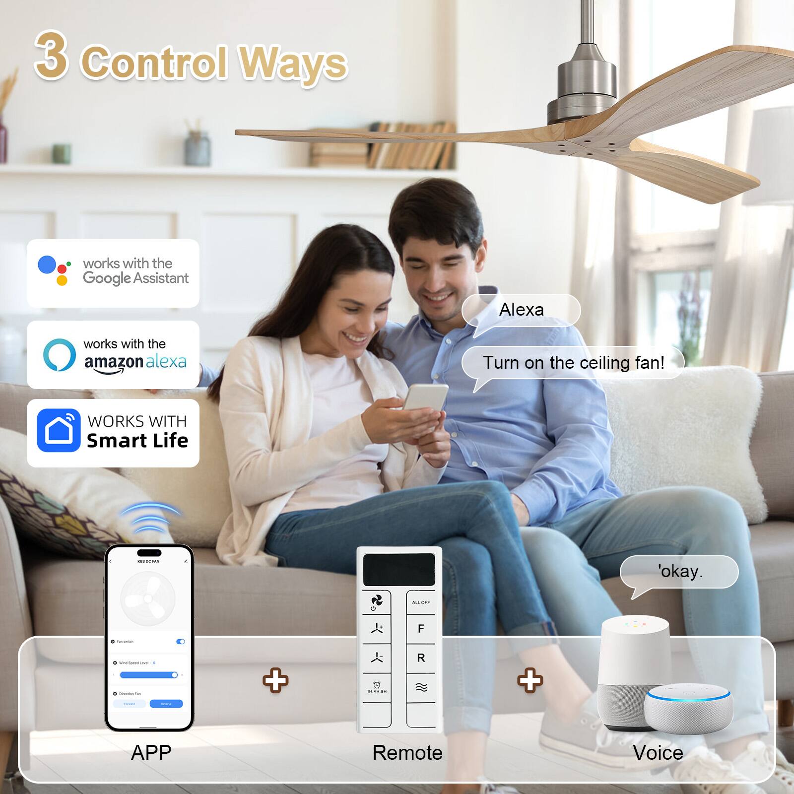 3 Control Ways

- works with the Google Assistant
- works with the amazon alexa
- WORKS WITH Smart Life

Alexa: "Turn on the ceiling fan!"
'okay.

APP
Remote
Voice