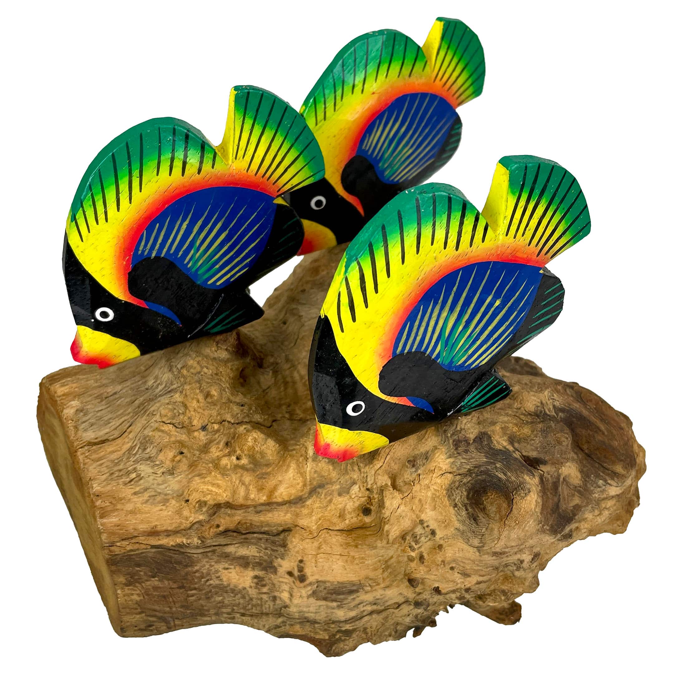 Chesapeake Bay - Handcrafted Driftwood & 3 Tropical Fish Sculpture Coastal Nautical Table Decor - Multicolored