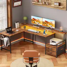 Furnulem - 66 Inch L Shaped Computer Desk with Charging Station Reversible Gaming Desk LED Lights 2 Drawers Monitor Stand Storage - Brown