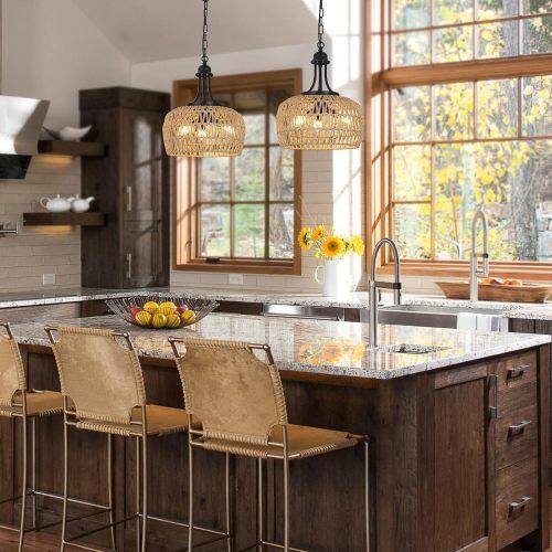 Angle. LUCKY ONE - 12.6in Hanging Rattan Chandelier, 3-Light Boho Pendant Light for Dining Room Kitchen Island Hallway - Brown+Black.