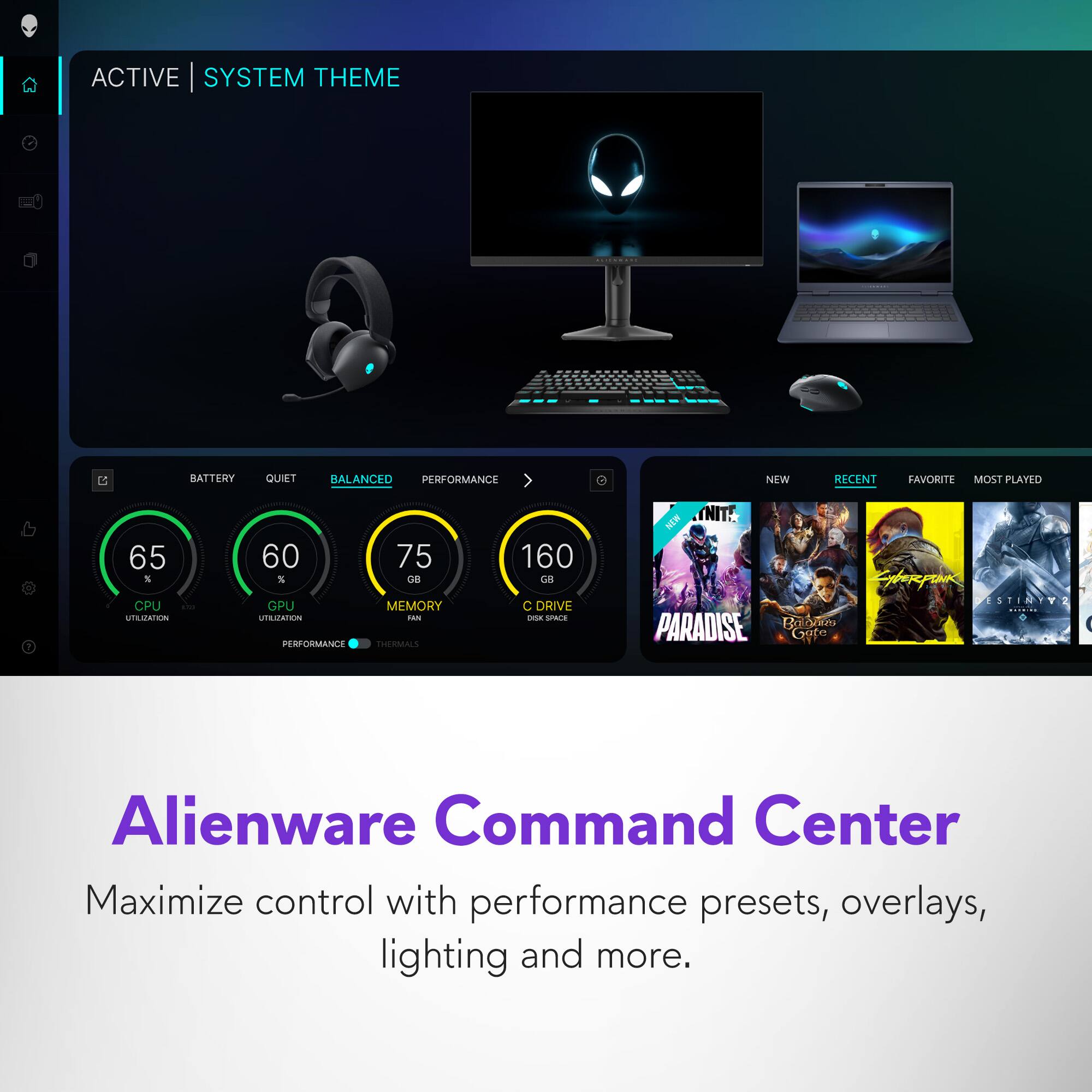 ACTIVE SYSTEM THEME | BATTERY QUIET BALANCED PERFORMANCE NEW RECENT FAVORITE MOST PLAYED 65 1 CPU UTILIZATION 60 75 % ON GPU MEMORY UTILIZATION 160 B C DRIVE JARVIS NITE PARADISE BNE Gure WERPINR EYTMITC : Alienware Command Center Maximize control with performance presets, overlays, lighting and more.