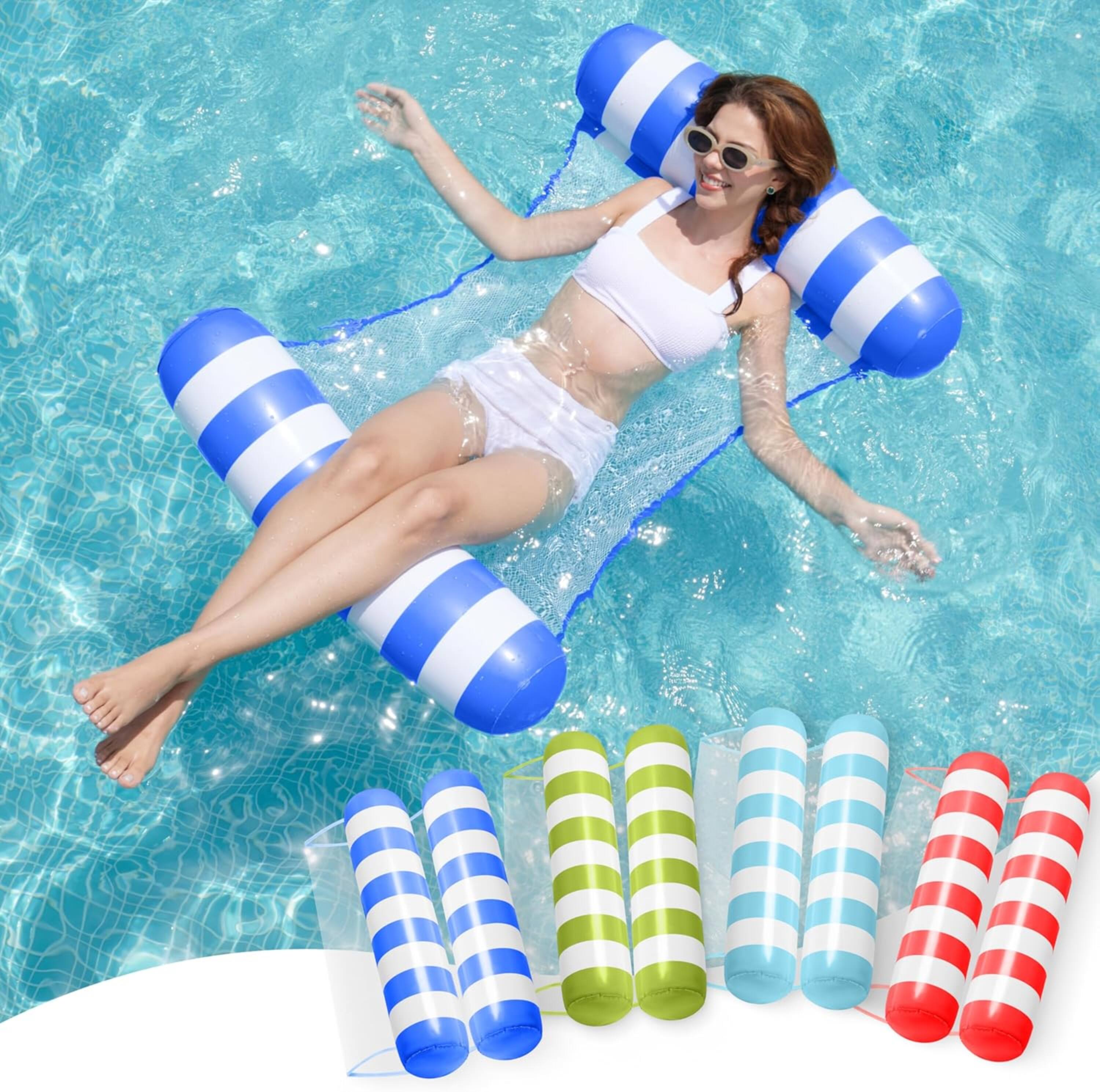 Front. Joyfy - 4 Packs Inflatable Pool Floats Hammock, Stripes PVC Water Hammock Float Lounges, 4-in-1 Multi-Purpose Pool Floaties - Multicolor.