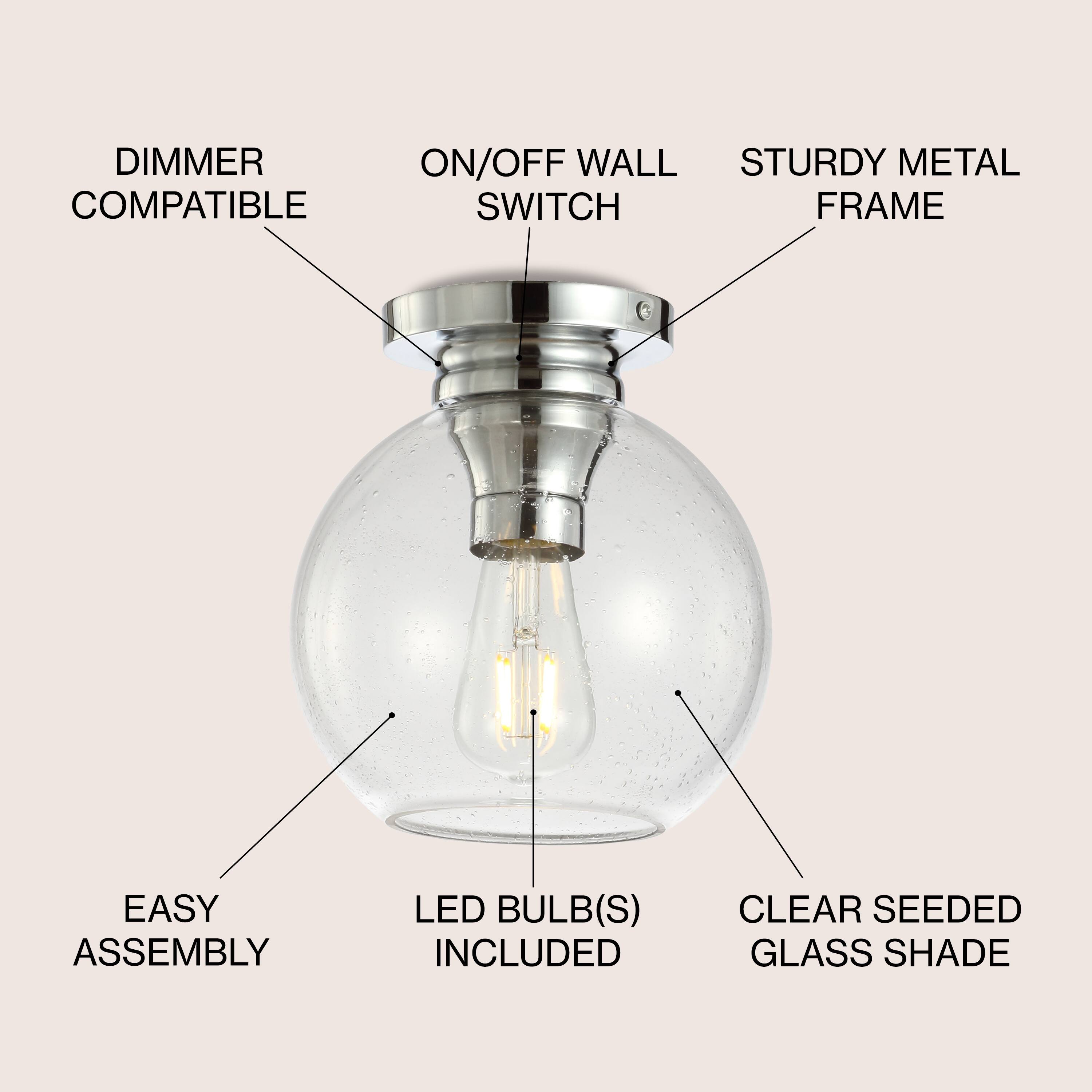 DIMMER COMPATIBLE  
ON/OFF WALL SWITCH  
STURDY METAL FRAME  
EASY ASSEMBLY  
LED BULB(S) INCLUDED  
CLEAR SEEDED GLASS SHADE