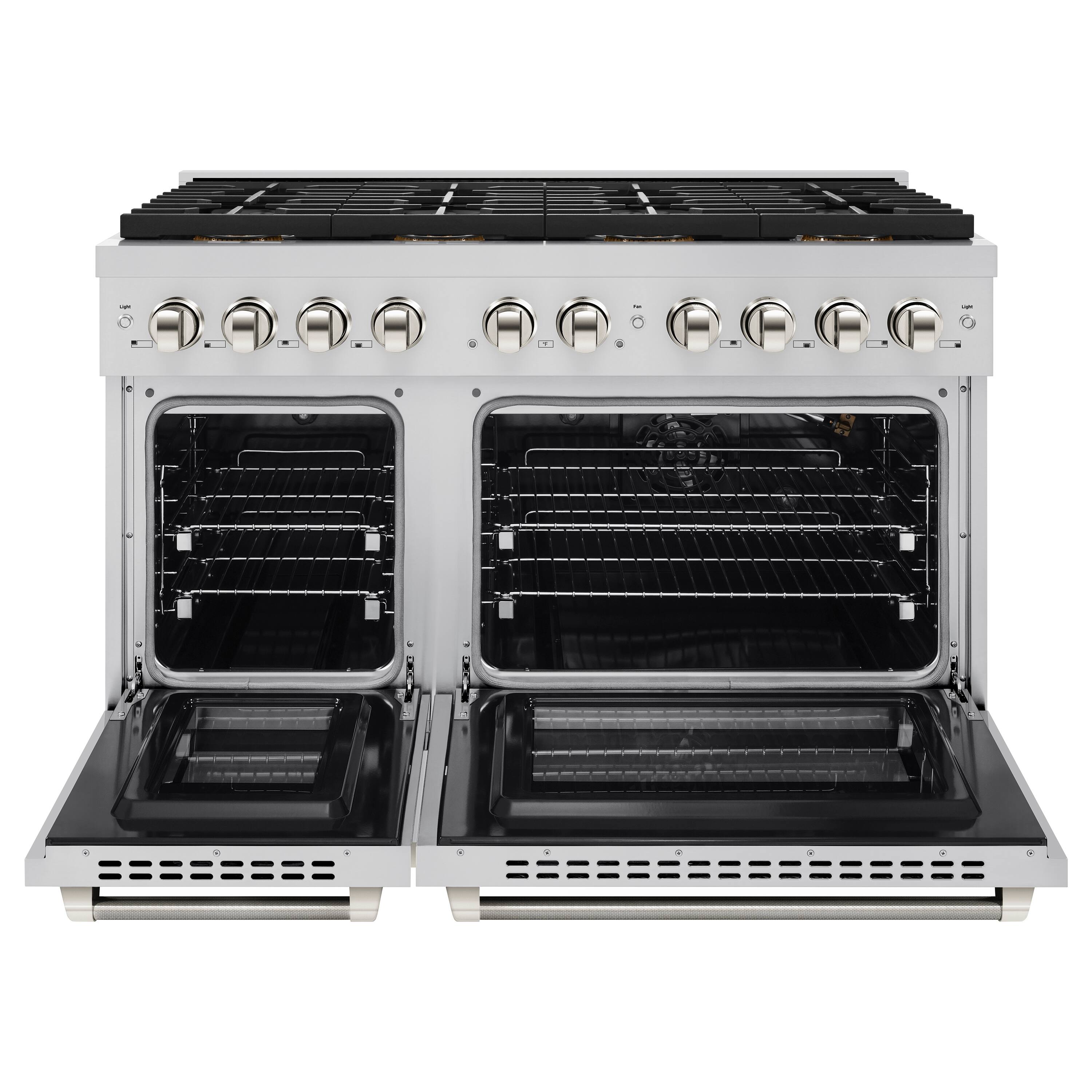 Angle. ZLINE - ZLINE Autograph 48 in. 6.7 Cu. Ft. Freestanding Paramount DuoPro Gas Range in Stainless Steel with Nickel Helix Handles - Stainless Steel.