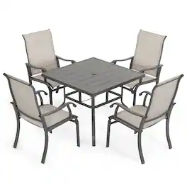 Nuu Garden - Patio Metal Textilene Dining Set of 5 with Umbrella Hole and High Backrest - Beige and Gray