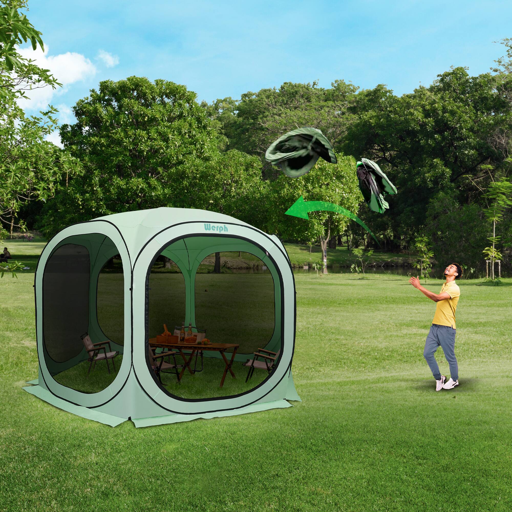 Back. Werph - Werph Pop Up Canopy, Portable Canopy Tent with Mesh Mosquito Net 12x12 FT - Green.
