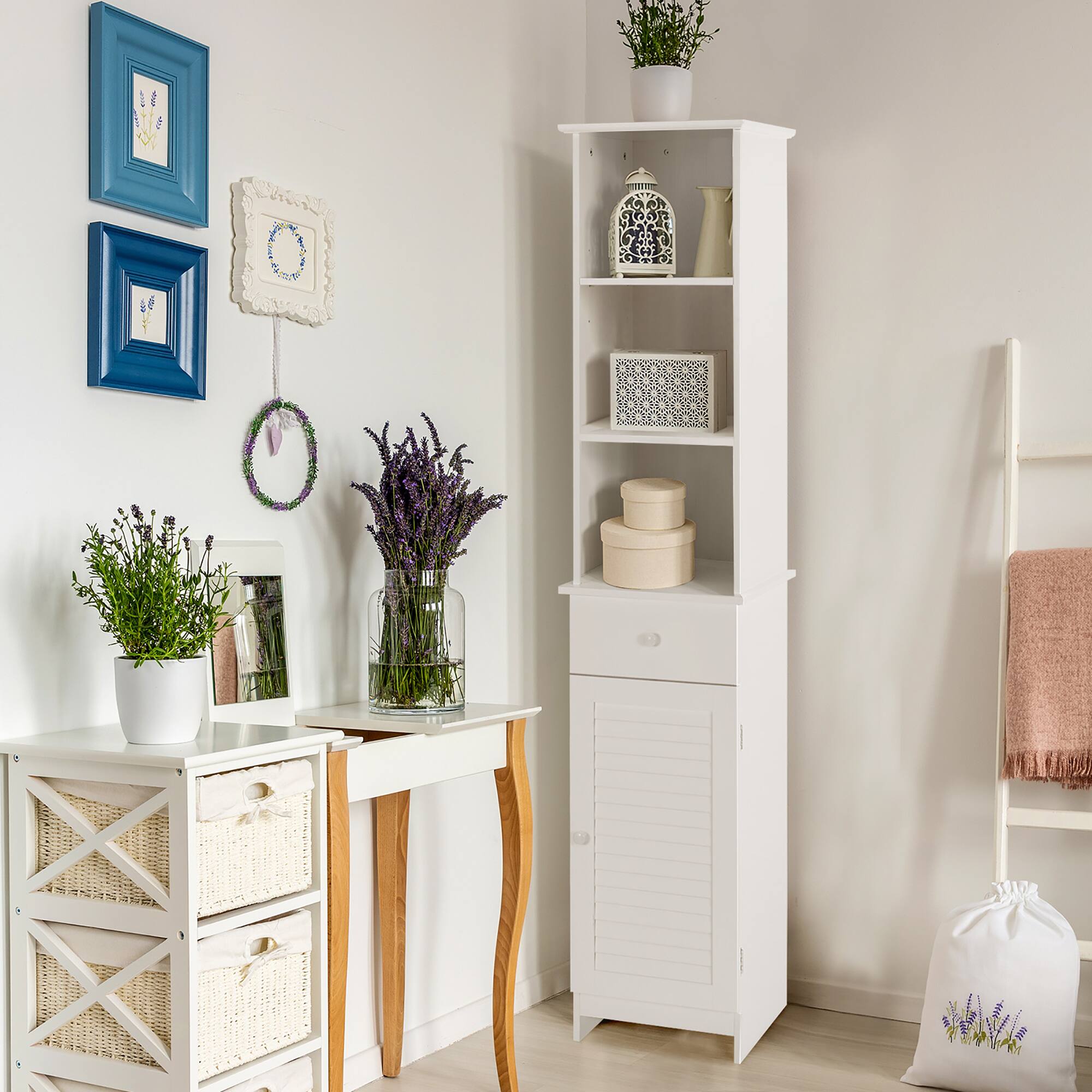 Alt View 2. Costway - Costway Bathroom Tall Storage Cabinet Freestanding Linen Tower w/ Open Shelves & Drawer - White.