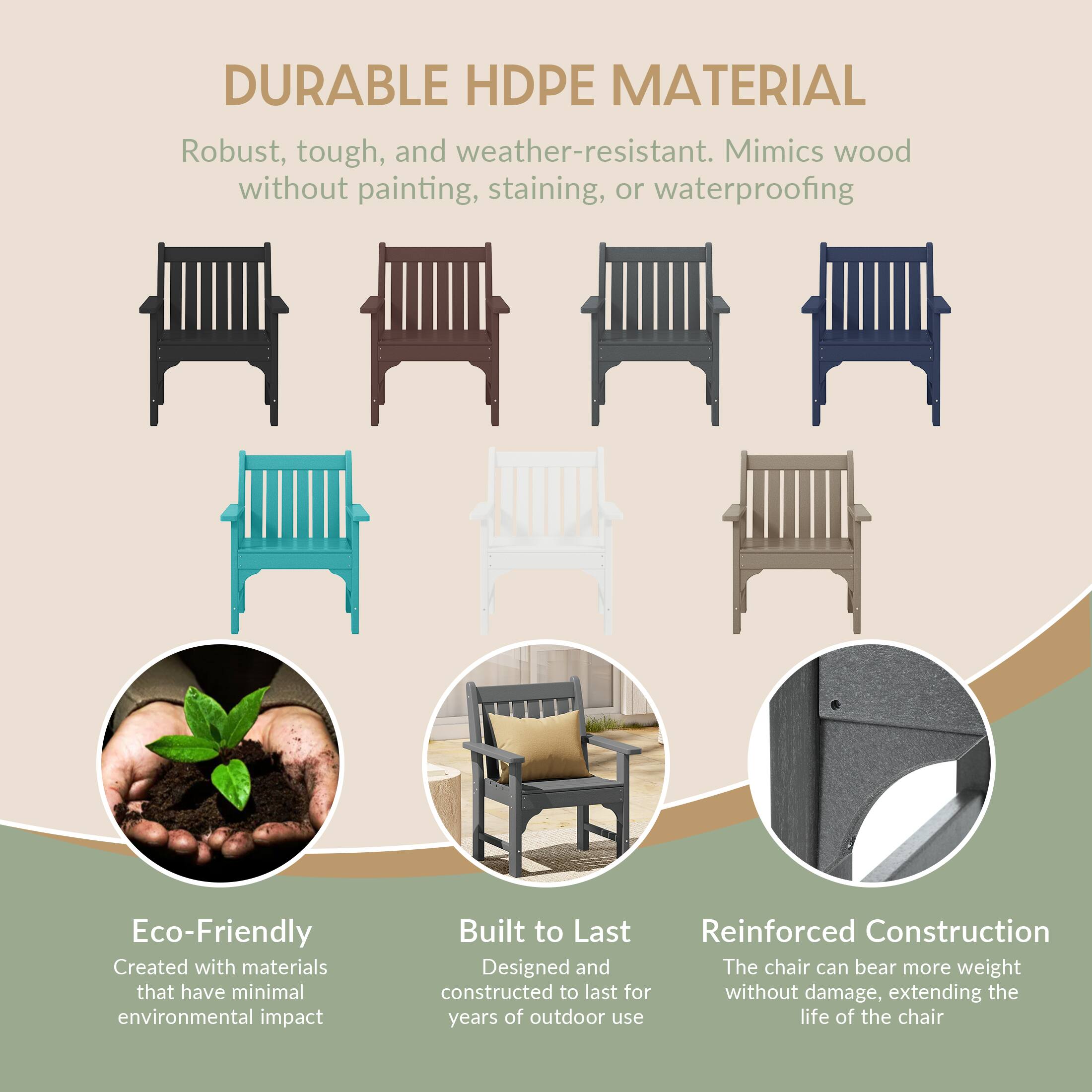 DURABLE HDPE MATERIAL  
Robust, tough, and weather-resistant. Mimics wood without painting, staining, or waterproofing

Eco-Friendly  
Created with materials that have minimal environmental impact

Built to Last  
Reinforced Construction  
Designed and constructed to last for years of outdoor use

Reinforced Construction  
The chair can bear more weight without damage, extending the life of the chair