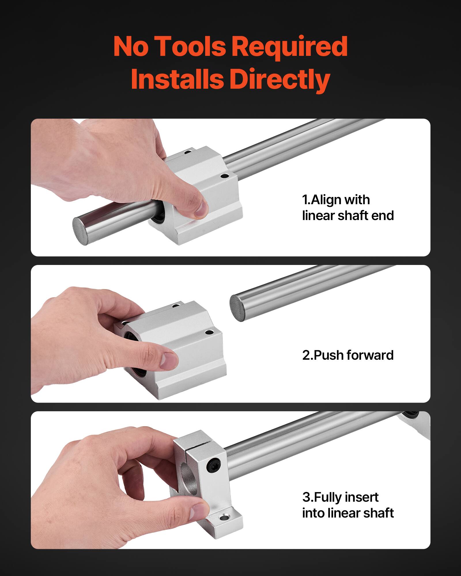 No Tools Required Installs Directly

1. Align with linear shaft end
2. Push forward
3. Fully insert into linear shaft