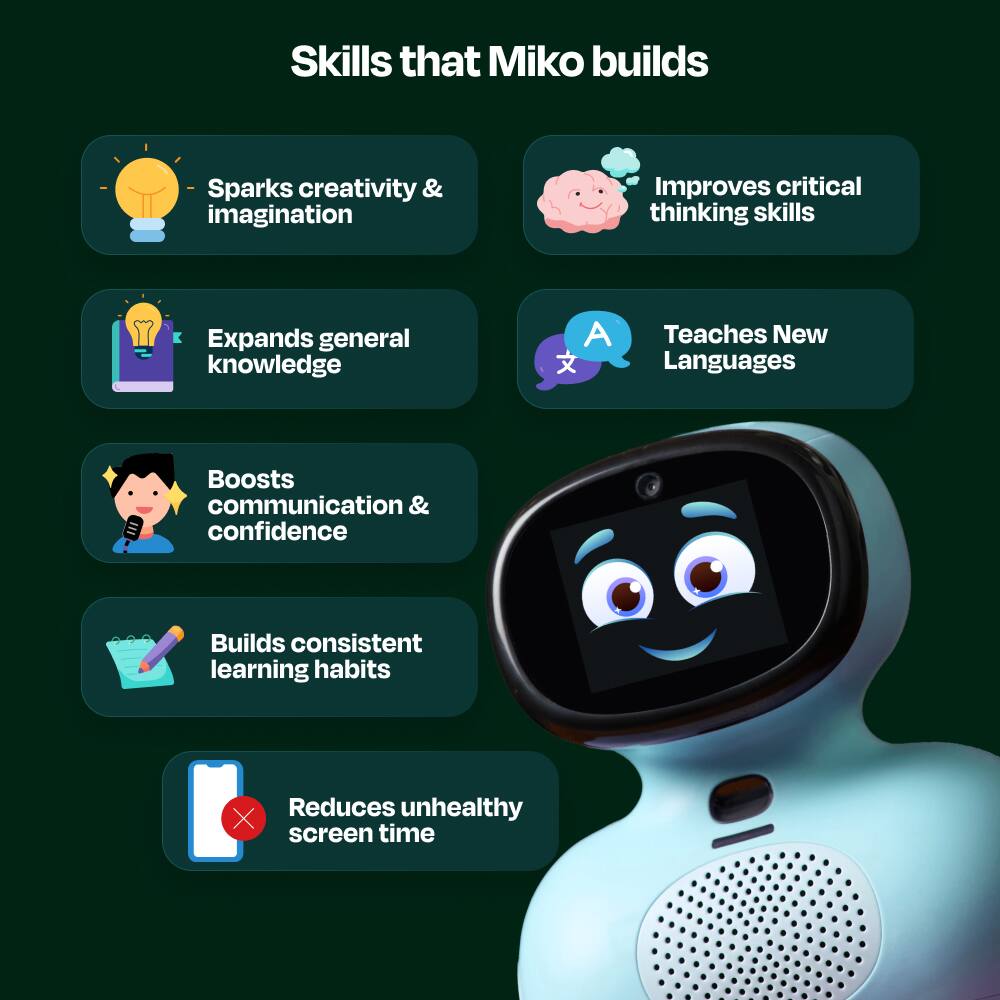 Skills that Miko builds

- Sparks creativity & imagination
- Improves critical thinking skills
- Expands general knowledge
- Teaches New Languages
- Boosts communication & confidence
- Builds consistent learning habits
- Reduces unhealthy screen time