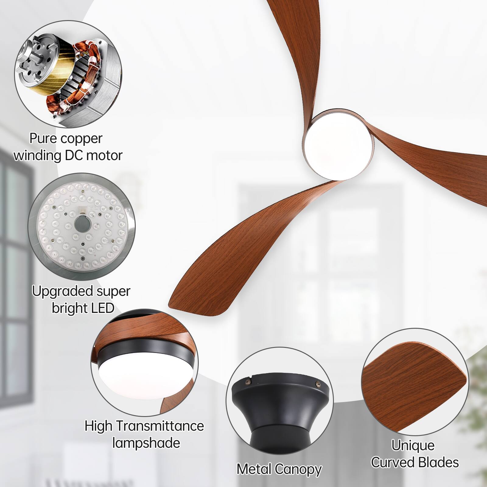 Pure copper winding DC motor  
Upgraded super bright LED  
High Transmittance lampshade  
Metal Canopy  
Unique Curved Blades