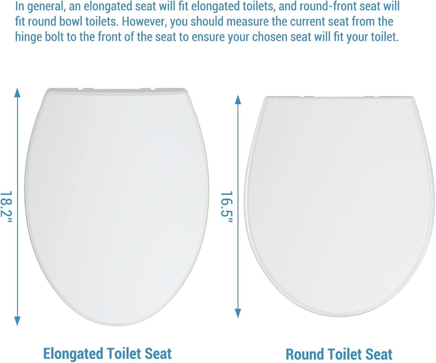 In general, an elongated seat will fit elongated toilets, and a round-front seat will fit round bowl toilets. However, you should measure the current seat from the hinge bolt to the front of the seat to ensure your chosen seat will fit your toilet.

Elongated Toilet Seat: 18.2"

Round Toilet Seat: 16.5"