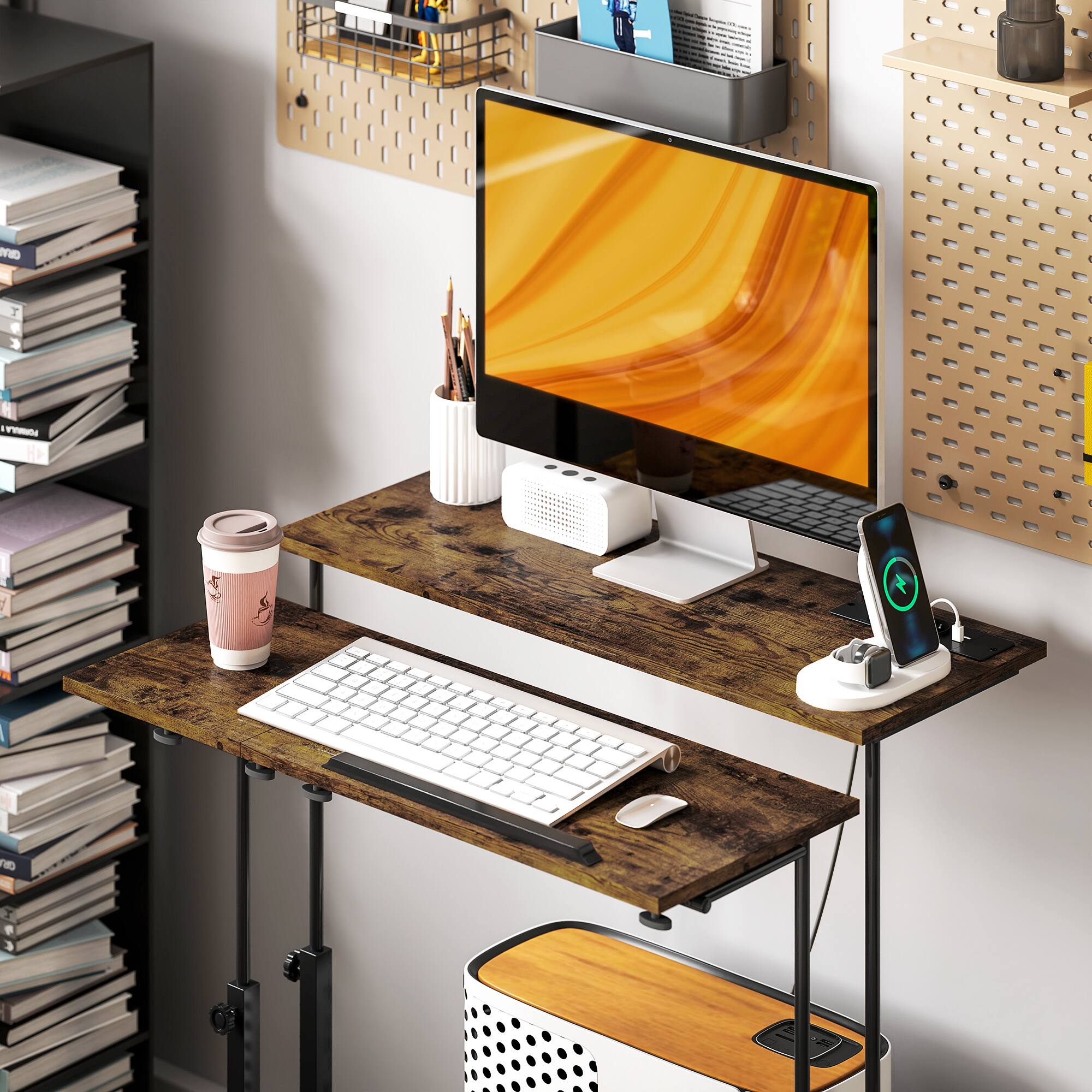 Alt View 9. Homcom - Height Adjustable Standing Desk with Power Outlets, Tiltable Tabletop and Lockable Wheels - Brown.