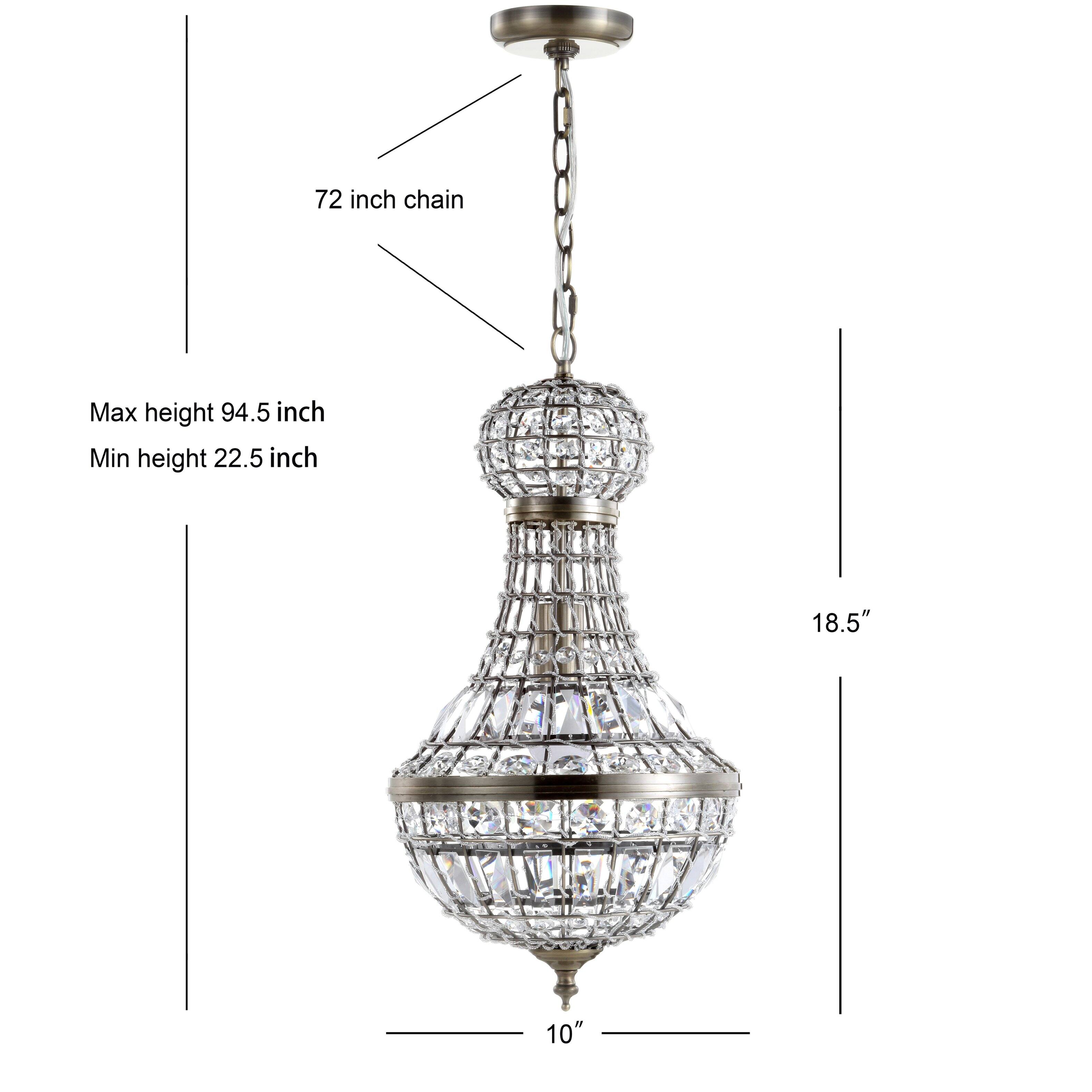 72 inch chain  
Max height 94.5 inch  
Min height 22.5 inch  
18.5"  
10"