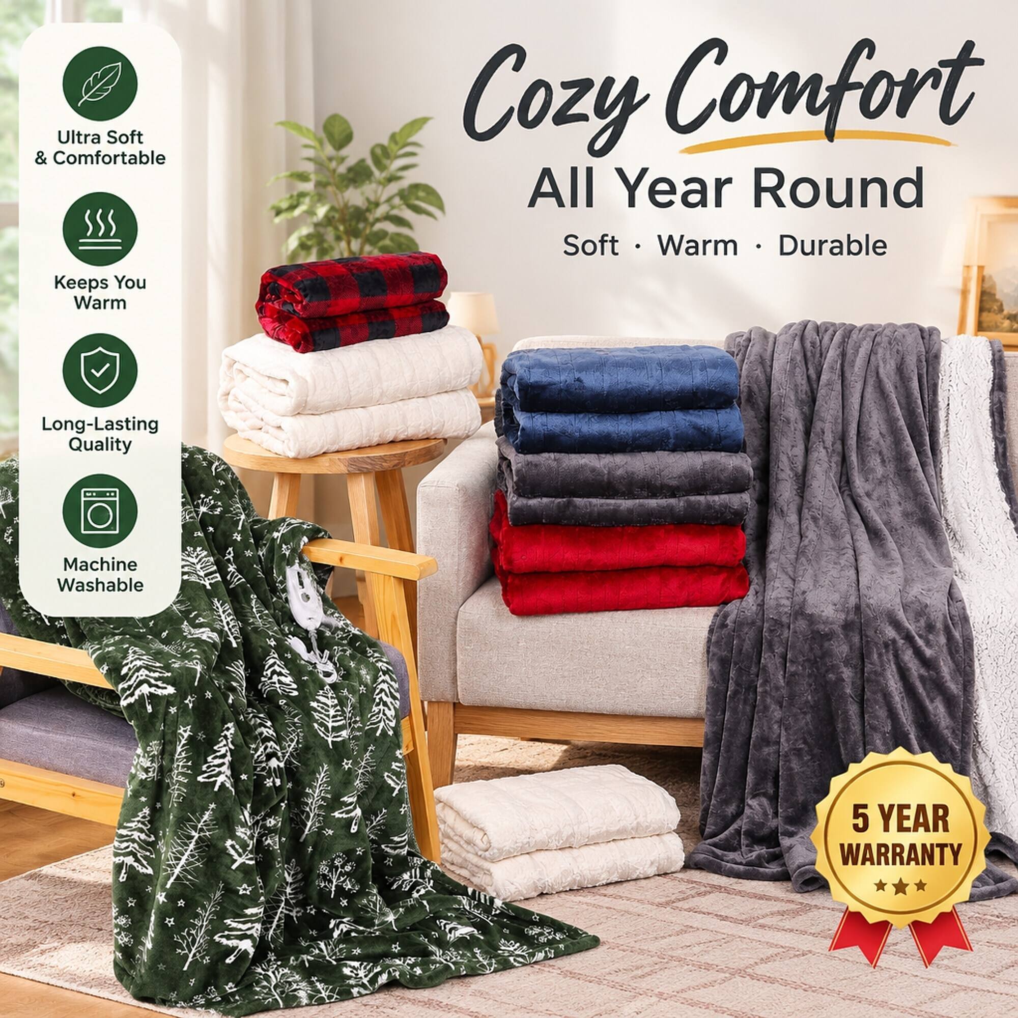 Ultra Soft & Comfortable  
Keeps You Warm  
Cozy Comfort All Year Round  
Soft Warm Durable  
Long-Lasting Quality  
Machine Washable  
5 YEAR WARRANTY