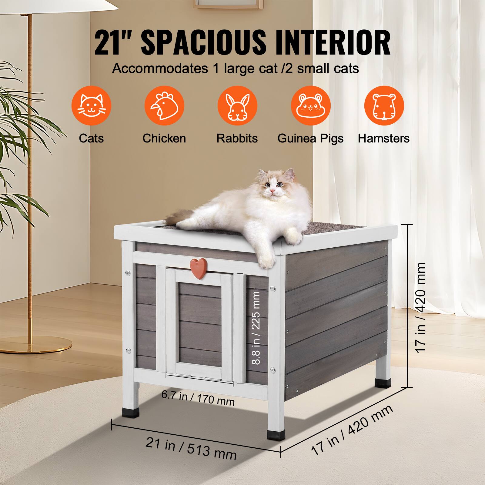 21" SPACIOUS INTERIOR
Accommodates 1 large cat / 2 small cats
Cats, Chicken, Rabbits, Guinea Pigs, Hamsters

Dimensions:
- 21 in / 513 mm
- 8.8 in / 225 mm
- 6.7 in / 170 mm
- 17 in / 420 mm