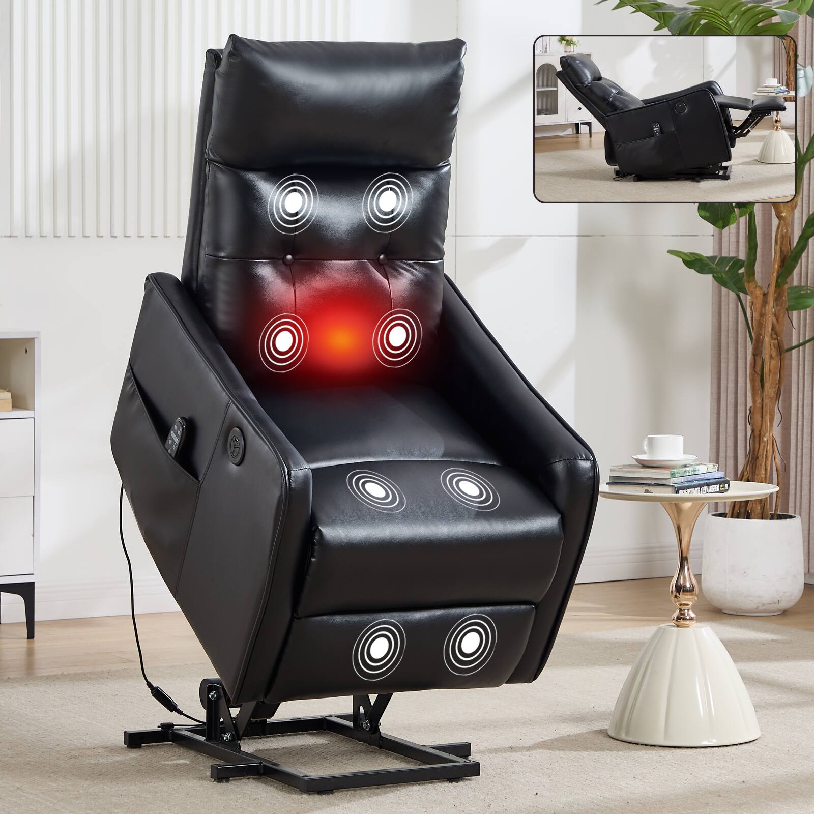 Angle. LUCKY ONE - Faux Leather Single Motor Power Lift Recliner Chair with Massage, Heat & USB Charging - Black.