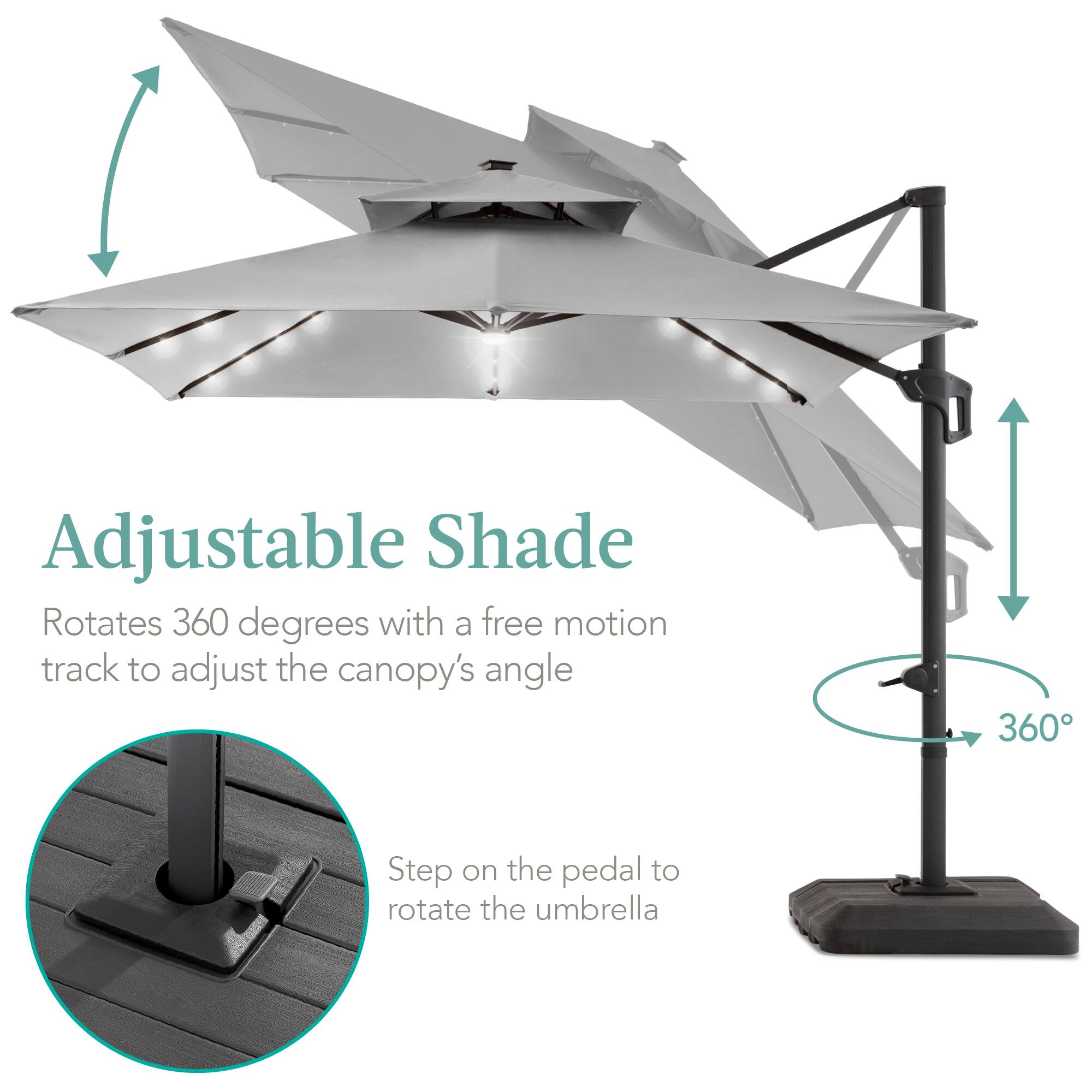 Adjustable Shade  
Rotates 360 degrees with a free motion track to adjust the canopy's angle  

Step on the pedal to rotate the umbrella