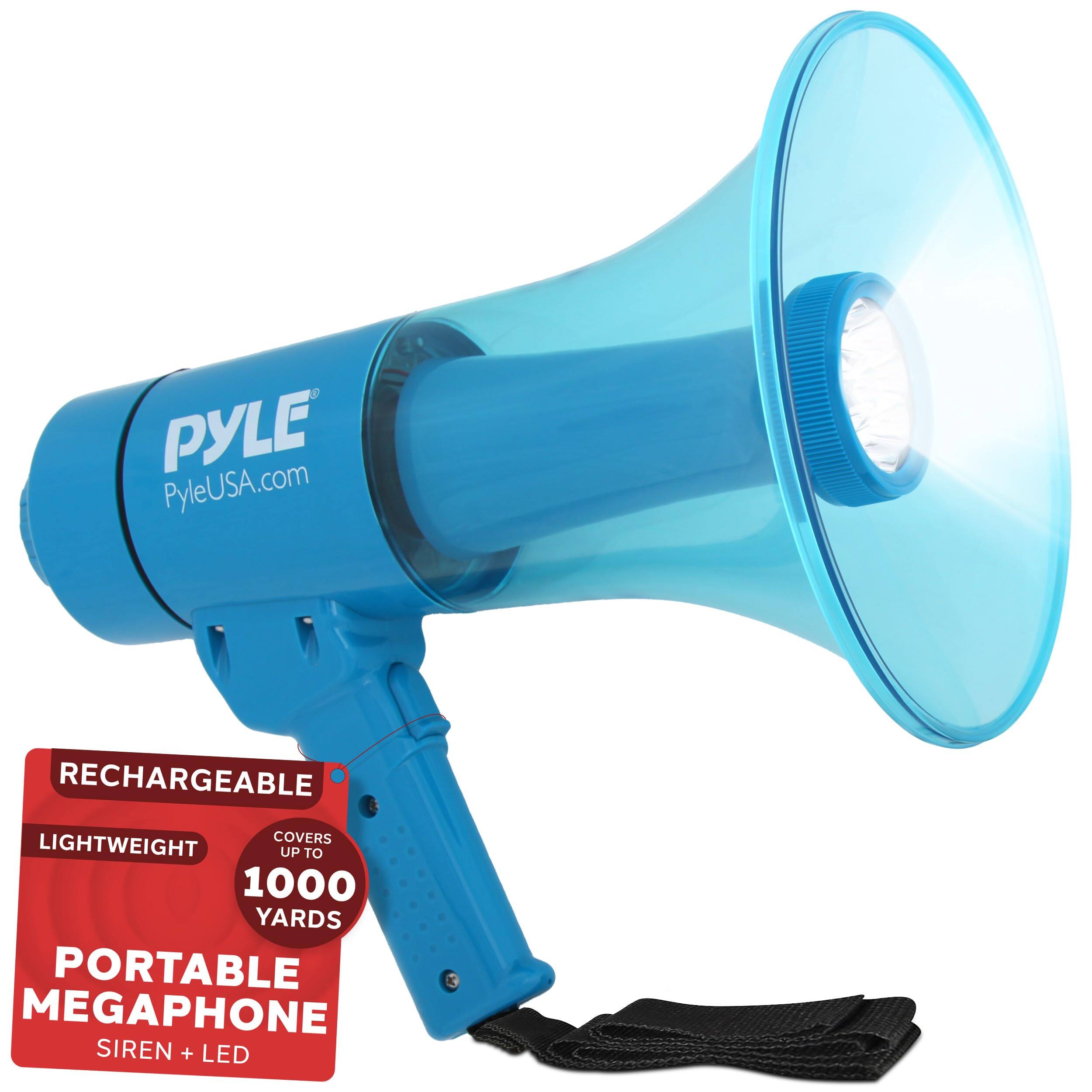 PYLE PyleUSA.com RECHARGEABLE LIGHTWEIGHT COVERS UP TO 1000 YARDS PORTABLE MEGAPHONE SIREN + LED
