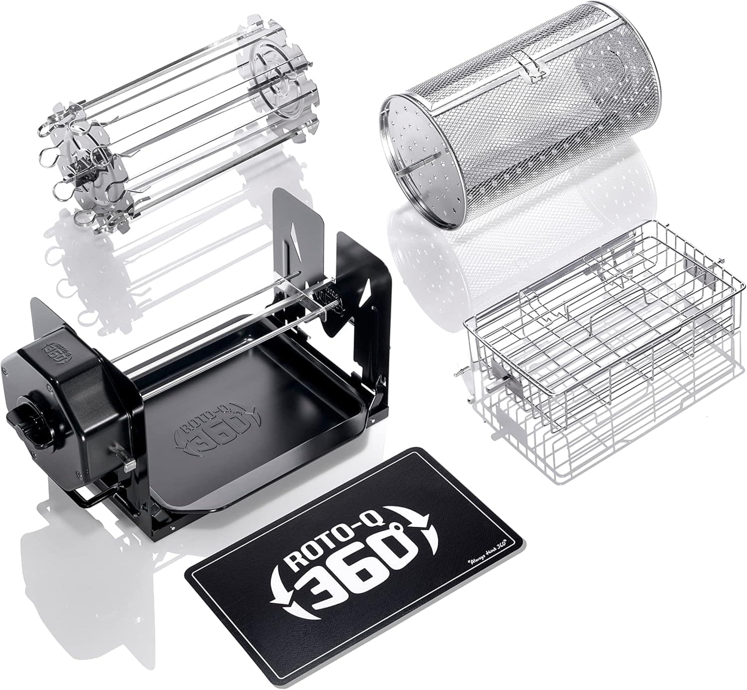 FC Design - Non-Electric Wind-Up Rotisserie Kit – Manual Spit Roaster w/ Basket, Cage, Skewers & Mat for BBQ & Oven Use -F - Black/Silver