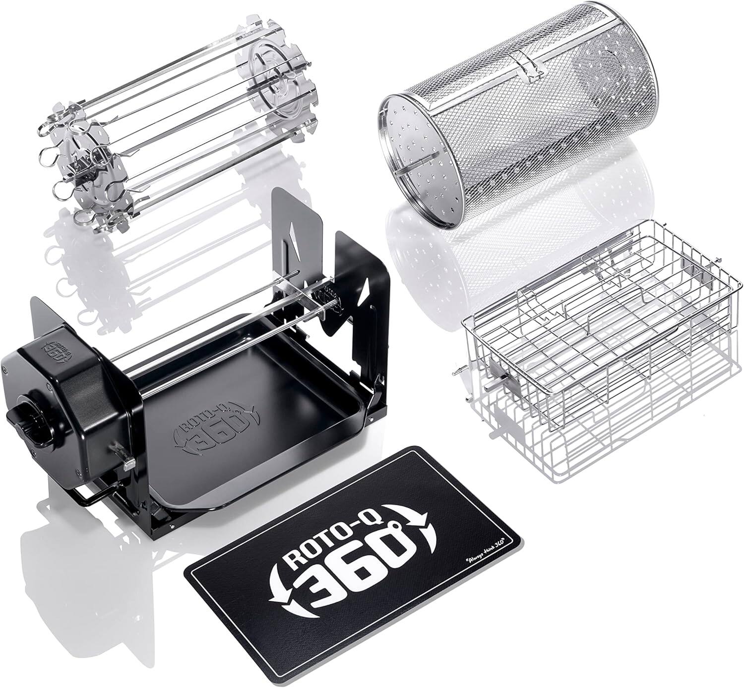 FC Design - Non-Electric Wind-Up Rotisserie Kit – Manual Spit Roaster w/ Basket, Cage, Skewers & Mat for BBQ & Oven Use -F - Black/Silver