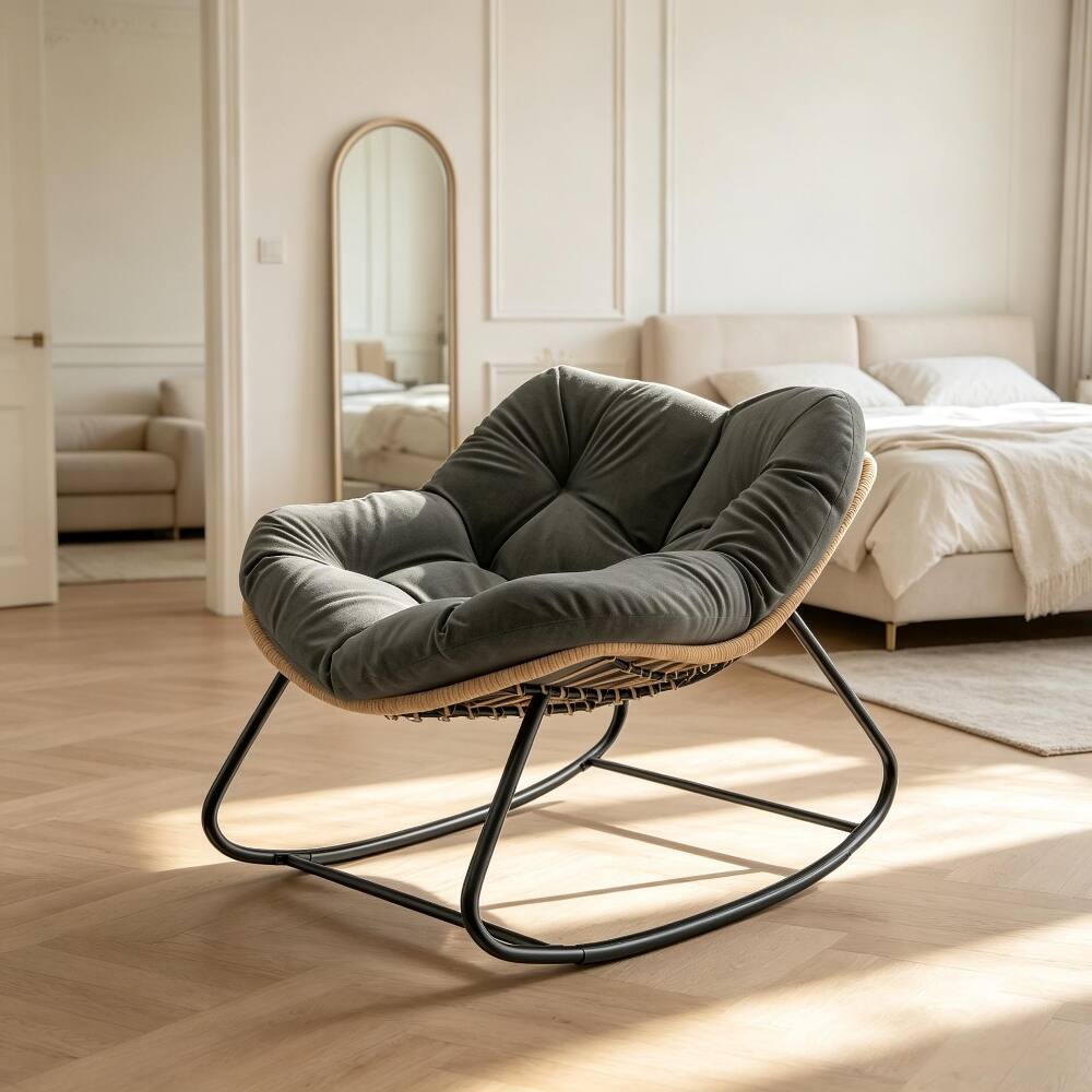 Front. Loheer - Loheer Oversized Rocking Egg Chair with Cushion Indoor Outdoor Wicker Papasan Chair Dark Gray - Dark Gray.