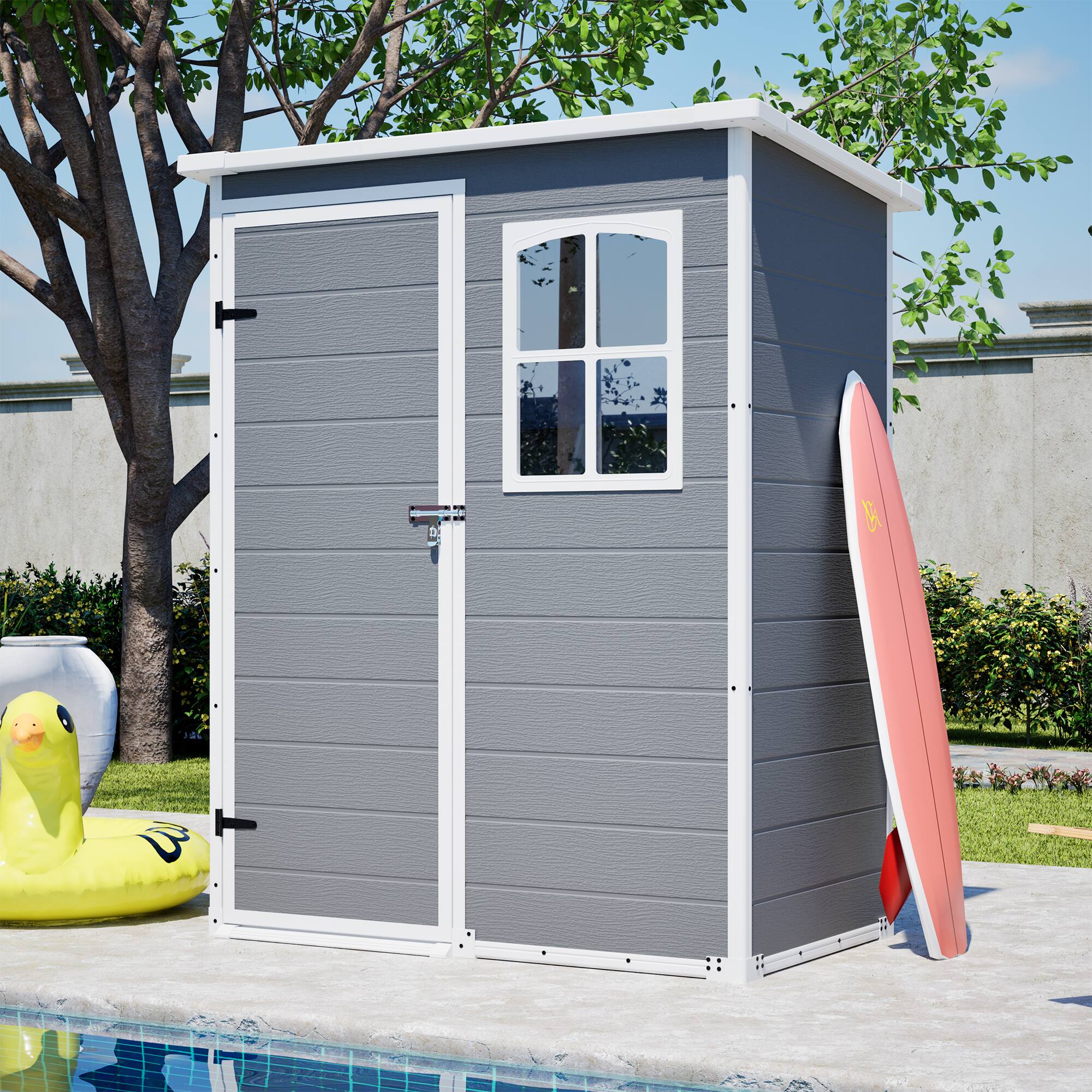 Angle. Mondawe - 5x3ft Resin Outdoor Storage Shed with Floor, Waterproof Lockable Design and Window - Gray.