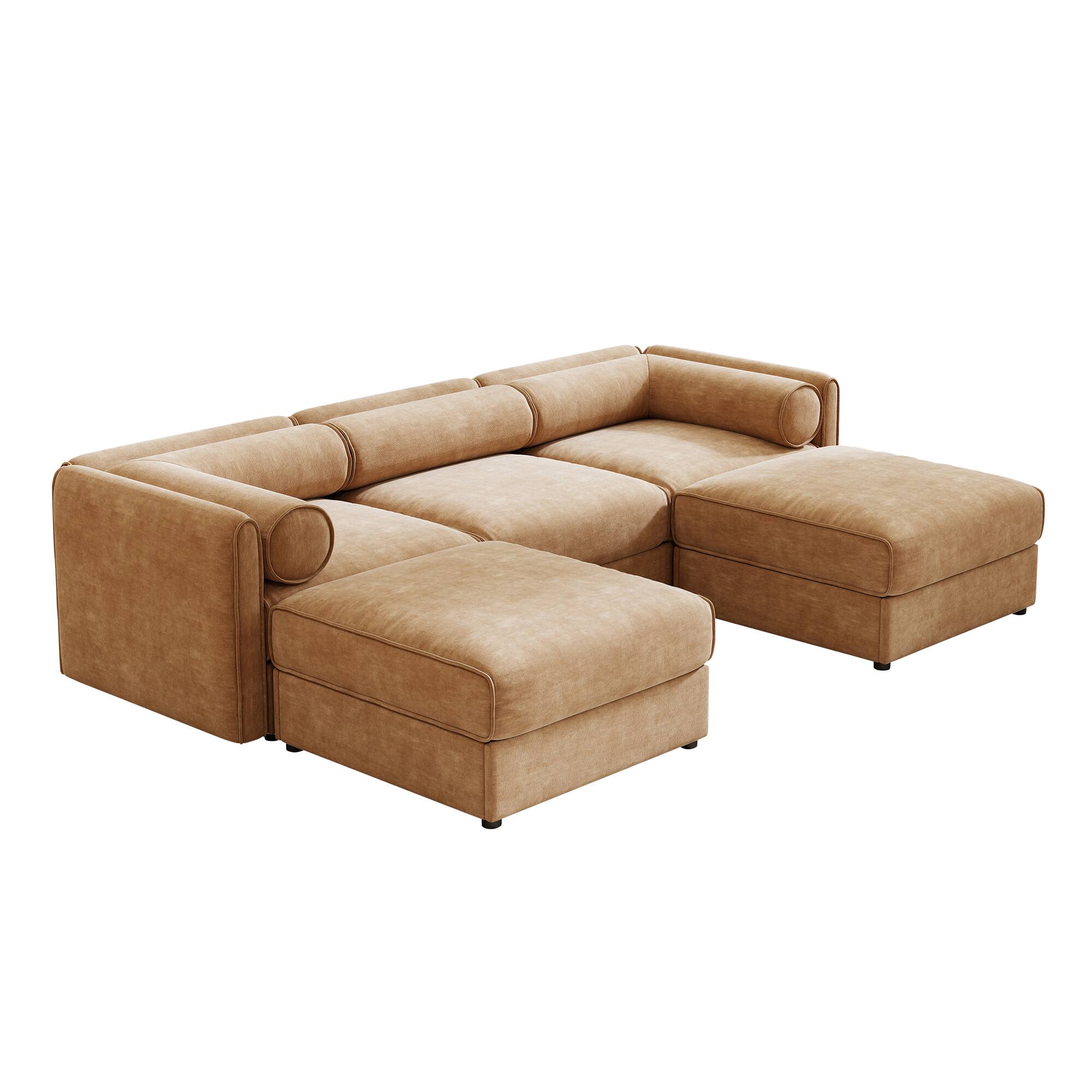 Alt View 7. LOVMOR - 3 Seater Chenille Couch U Shaped Storage Ottoman Cylindrical Support For Living Room Den Plush Cozy Home TV XL - Camel.