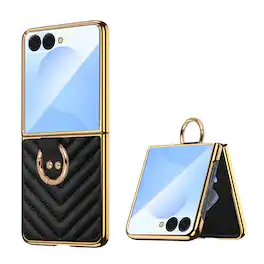Dteck - Shockproof Case for Samsung Galaxy Z Flip8 with Ring, Electroplated Frame Leather Texture Cover Built in Screen Glass - Black