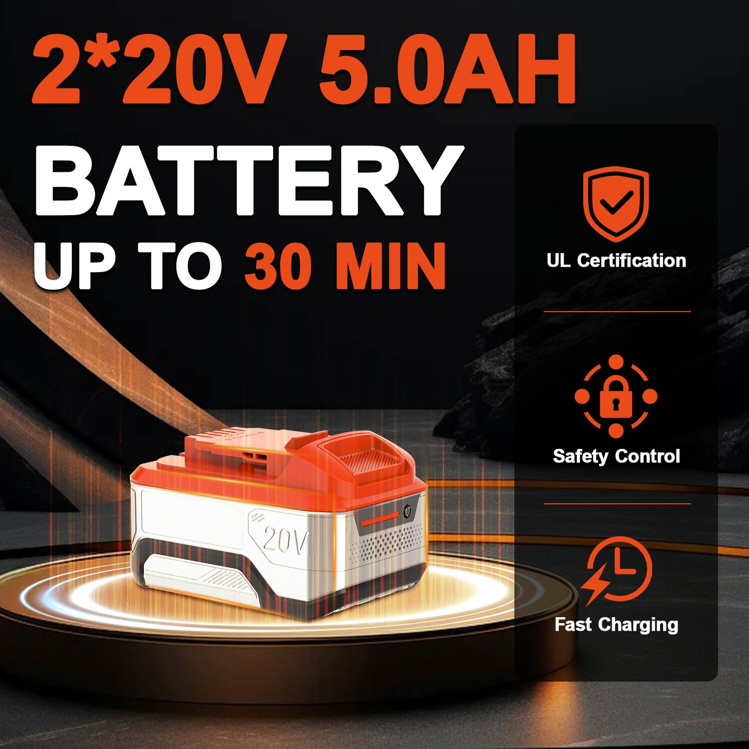 2*20V 5.0AH BATTERY UP TO 30 MIN  
UL Certification  
A Safety Control  
20V Fast Charging
