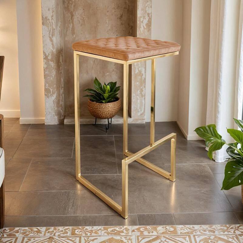 Angle. LeisureMod - Quincy Modern Quilted Leather Bar Stool with Gold Metal Frame Counter Height Chair for Kitchen and Counter Seating - Light Brown.