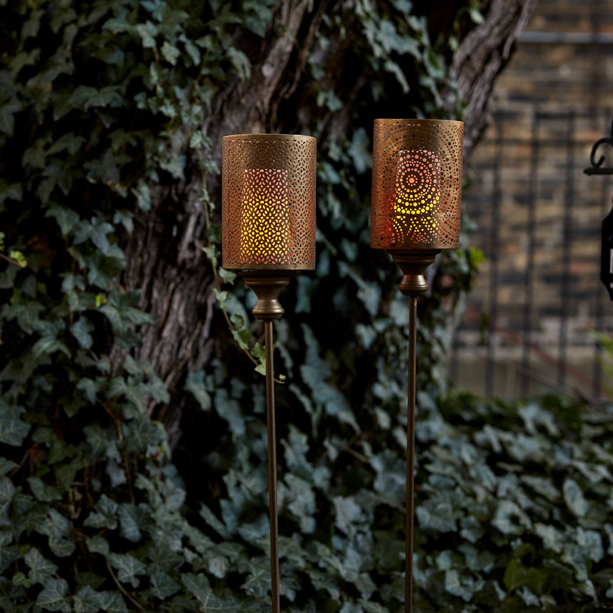 Angle. BreeBe - Gold Punched Metal Candle Holder Garden Stake (Set of 4) - Gold.