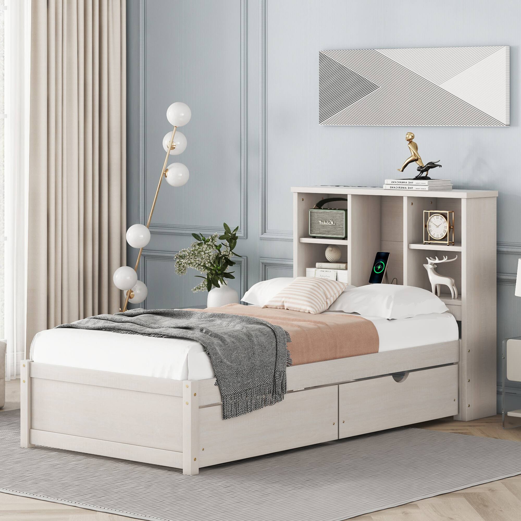 Left. GOODSILO - Contemporary Twin Size Bed Frame with USB Charging Port, Bookcase Headboard, and Underbed Storage Drawers - White Washed.