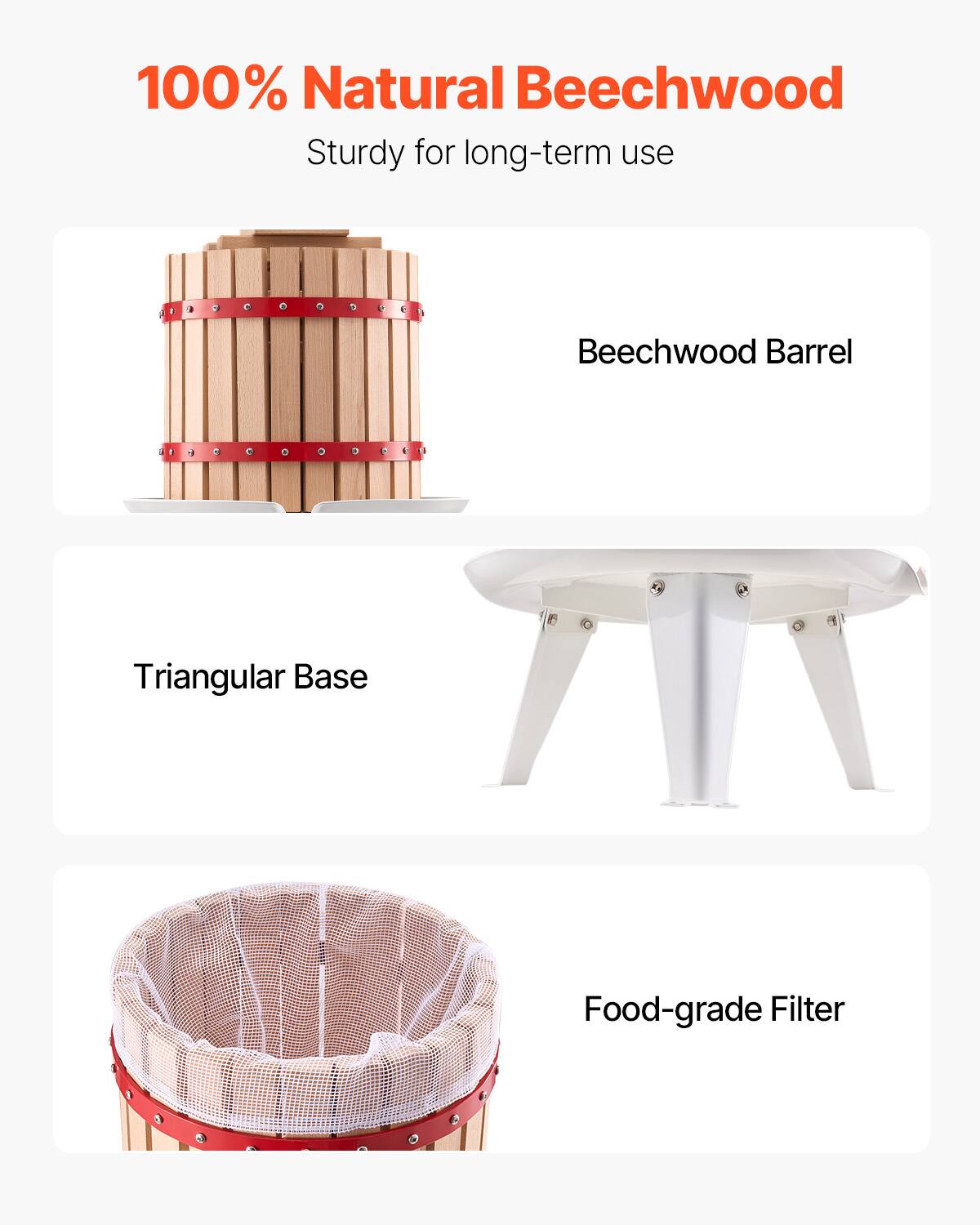 100% Natural Beechwood  
Sturdy for long-term use  

Beechwood Barrel  

Triangular Base  

Food-grade Filter