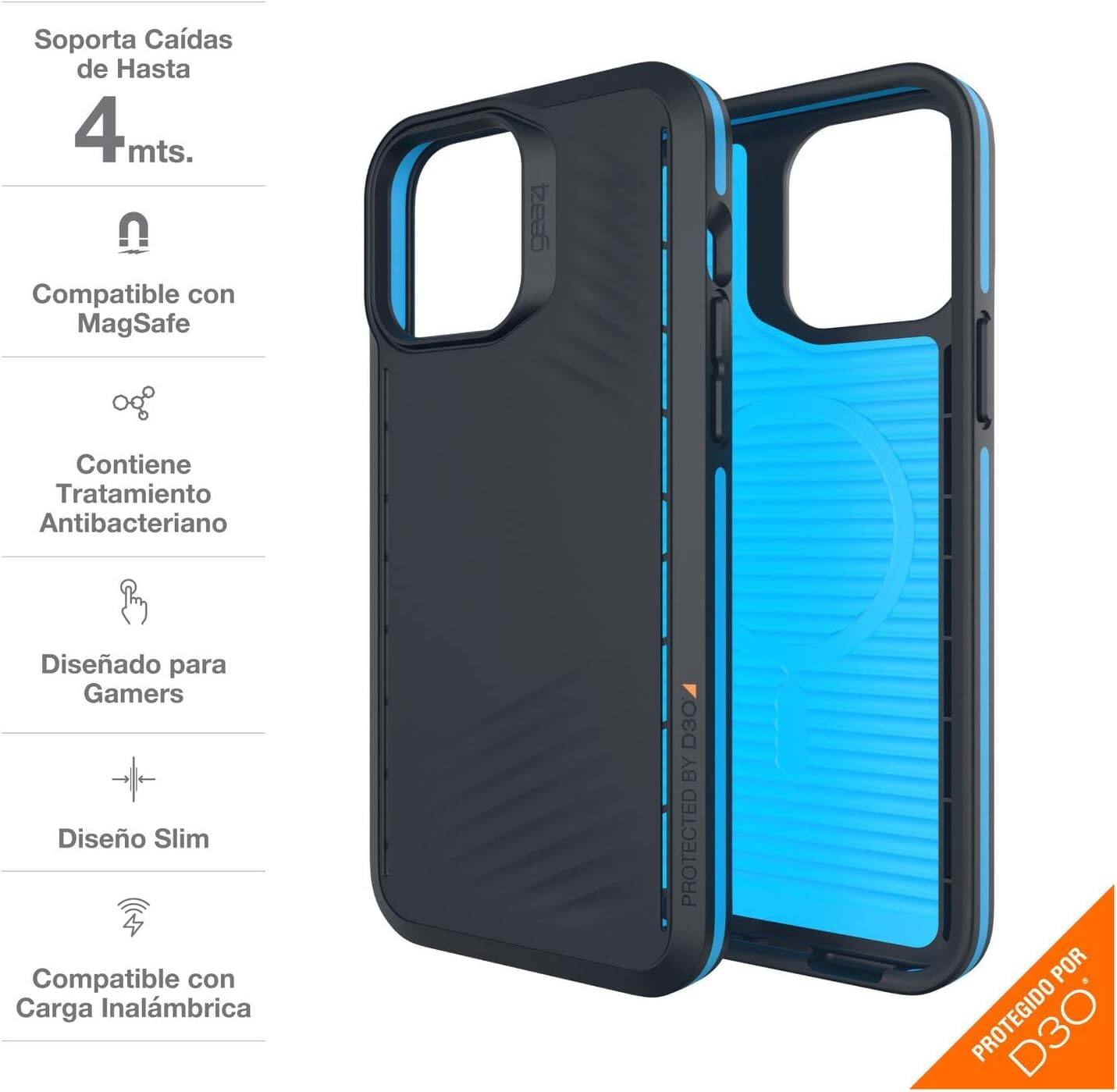 Soporta Caídas de Hasta 4 mts. Compatible con MagSafe. Contiene Tratamiento Antibacteriano. Diseñado para Gamers. Diseño Slim. Compatible con Carga Inalámbrica. PROTECTED BY PROTEGIDO POR D3O