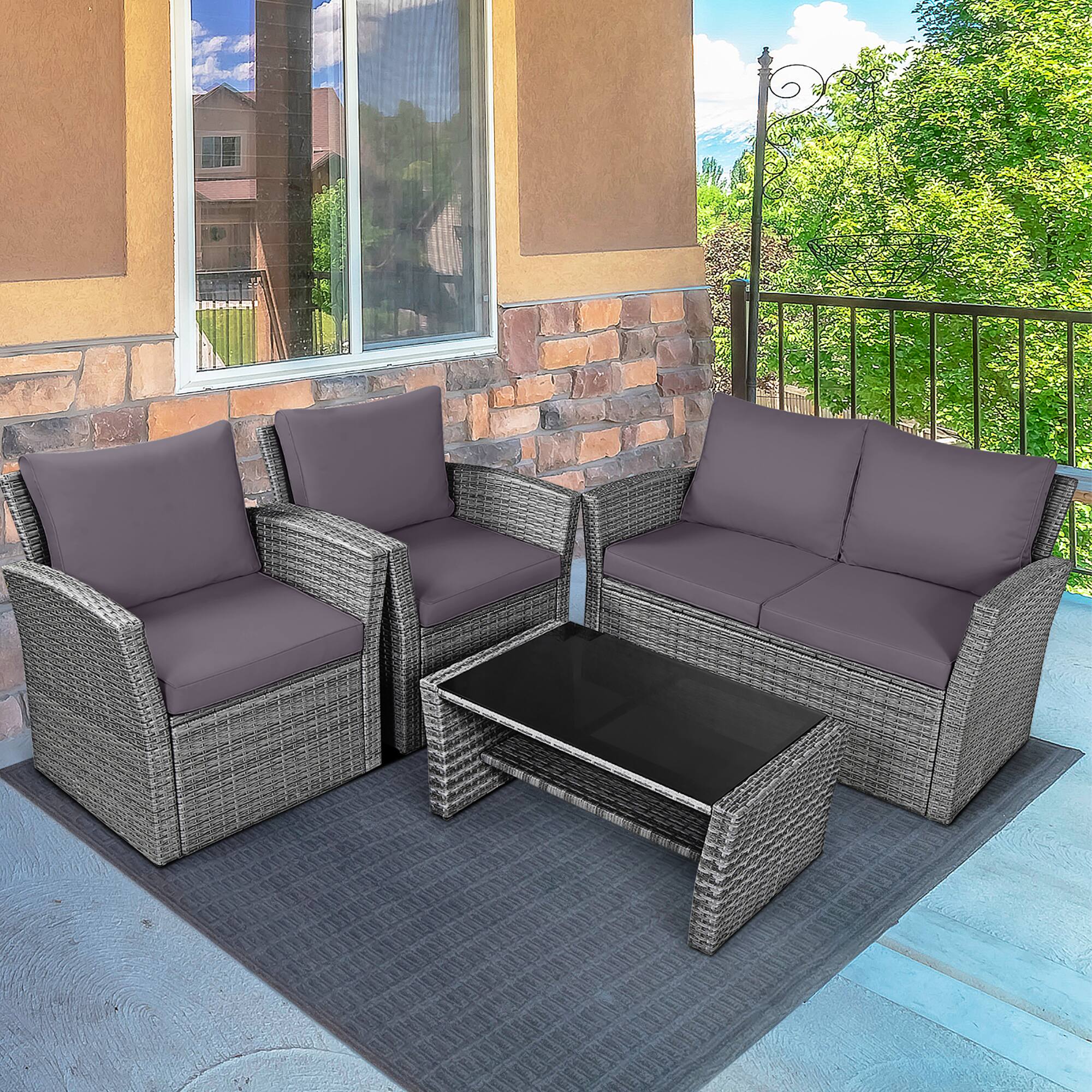 Alt View 3. Gymax - Gymax 4PCS Patio Rattan Conversation Set Outdoor Furniture Set w/ Grey Cushions - Grey.