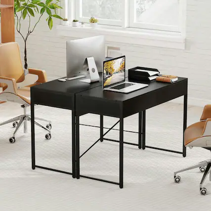 Front. Resenkos - 44-Inch Home Office Computer Desk - 2 Drawers, Metal Frame, Black - Black.