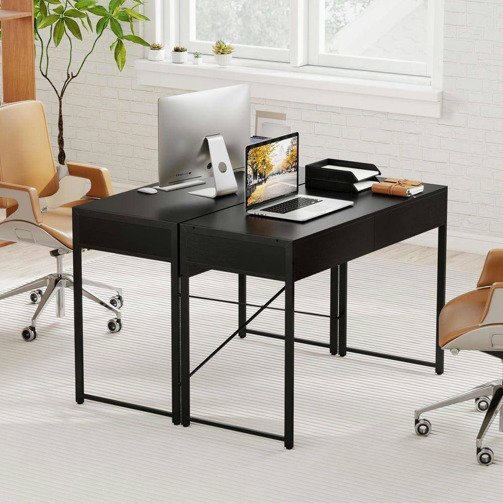 Front. Resenkos - 44-Inch Home Office Computer Desk - 2 Drawers, Metal Frame, Black - Black.