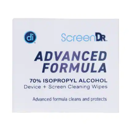 ScreenDR.
ADVANCED FORMULA
70% ISOPROPYL ALCOHOL
Device + Screen Cleaning Wipes
Advanced formula cleans and protects