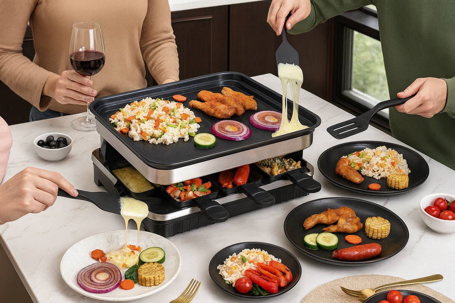 Alt View 4. Breezary - 8 People Grill Plate Non-stick Coated, Raclette with 8 Mini Raclette Pans, Infinitely Adjustable Temperature, 1500W - Black.