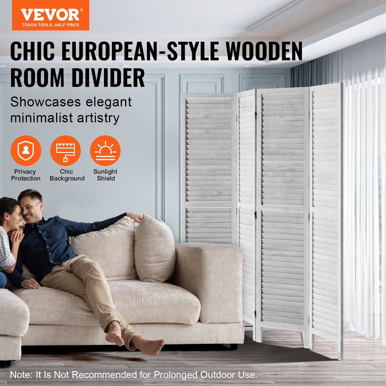 VEVOR TOUGH TOOLS. HALF PRICE CHIC EUROPEAN-STYLE WOODEN ROOM DIVIDER

Showcases elegant minimalist artistry

Privacy Protection  
Chic Background  
Sunlight Shield

Note: It is not recommended for prolonged outdoor use.