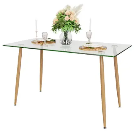 Front. Costway - Modern Glass Dining Table Rectangular Dining Room Table W/Metal Legs For Kitchen - Transparent, Natural.