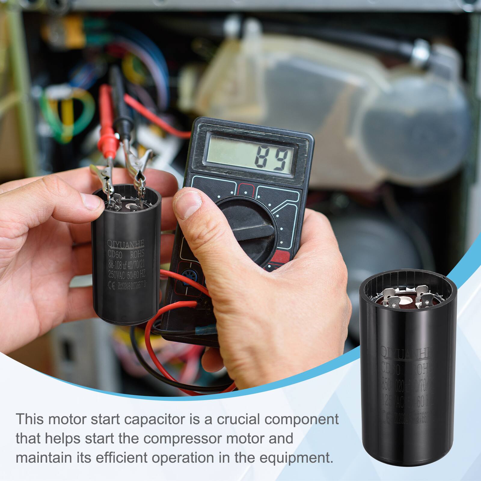 89 QIYUANHE CD60 ROHS 88-108 1 40/70 23 250VAC 50-60 HI CE 2

This motor start capacitor is a crucial component that helps start the compressor motor and maintain its efficient operation in the equipment.